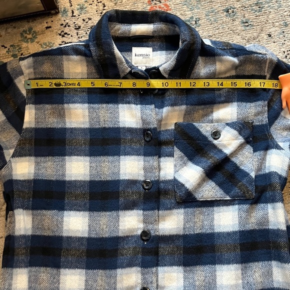 Kensie Blue & Black Plaid Flannel Shacket Pockets - Picture 3 of 15